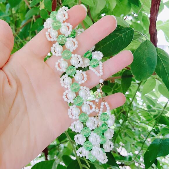 VTG Green Beaded Choker Necklace Faux Pearl Gold Tone Adjustable Y2K 2000s - Picture 4 of 12